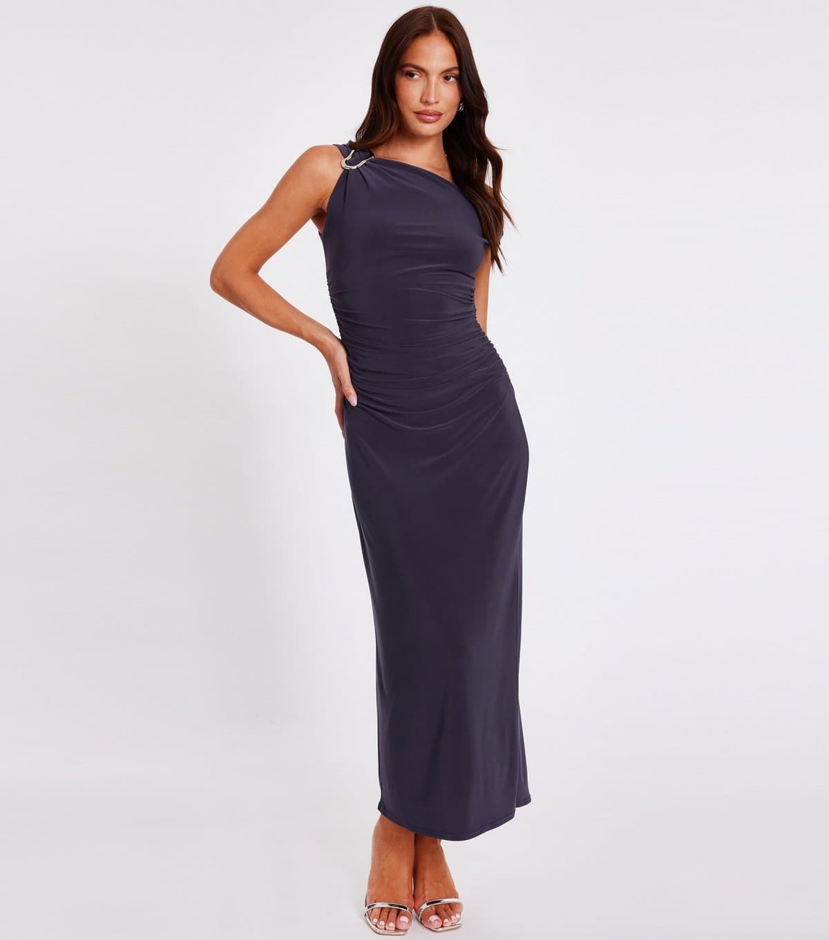 Quiz Women's Dark Grey Buckle Detail Ruched Maxi Dress Quiz New Look