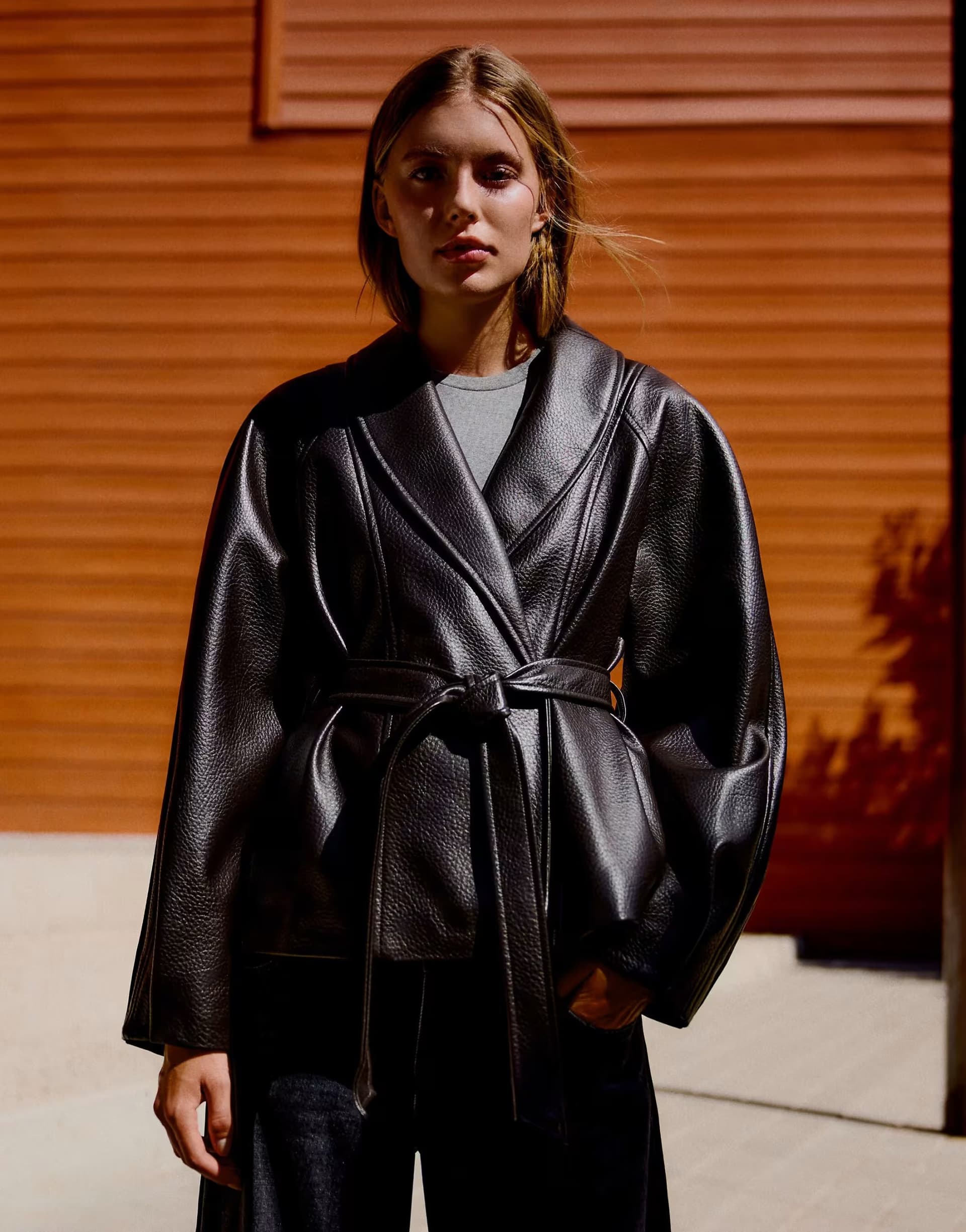 ASOS Bershka Leather effect kimono jacket with belt in brown