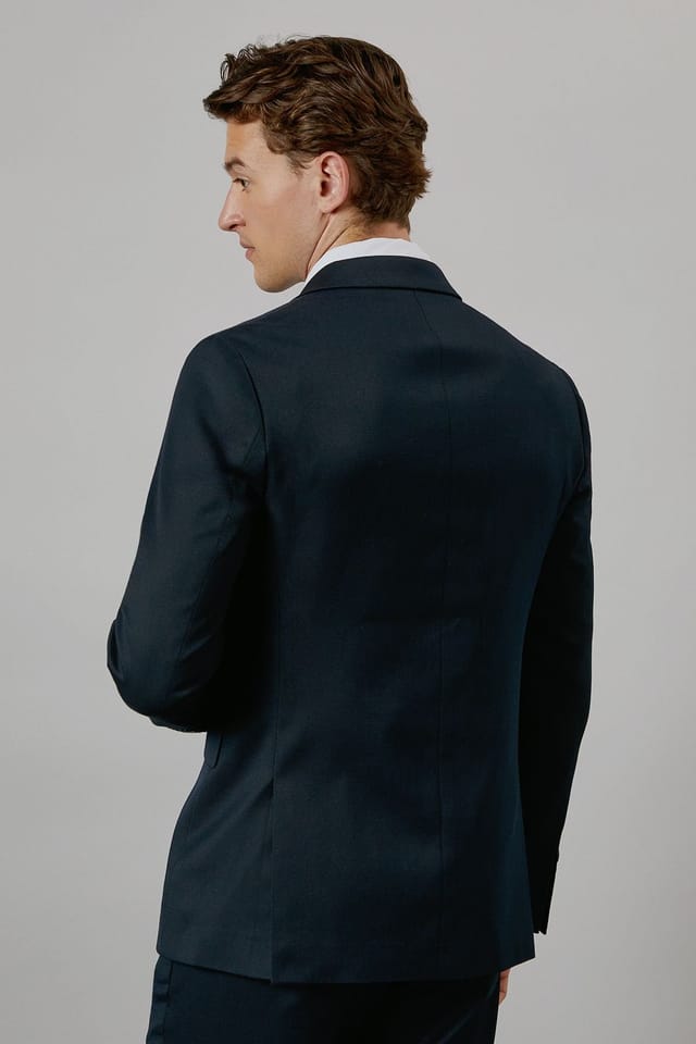 Burton Burton Men's Dark Navy Textured Stretch Slim Fit Suit Jacket - 3