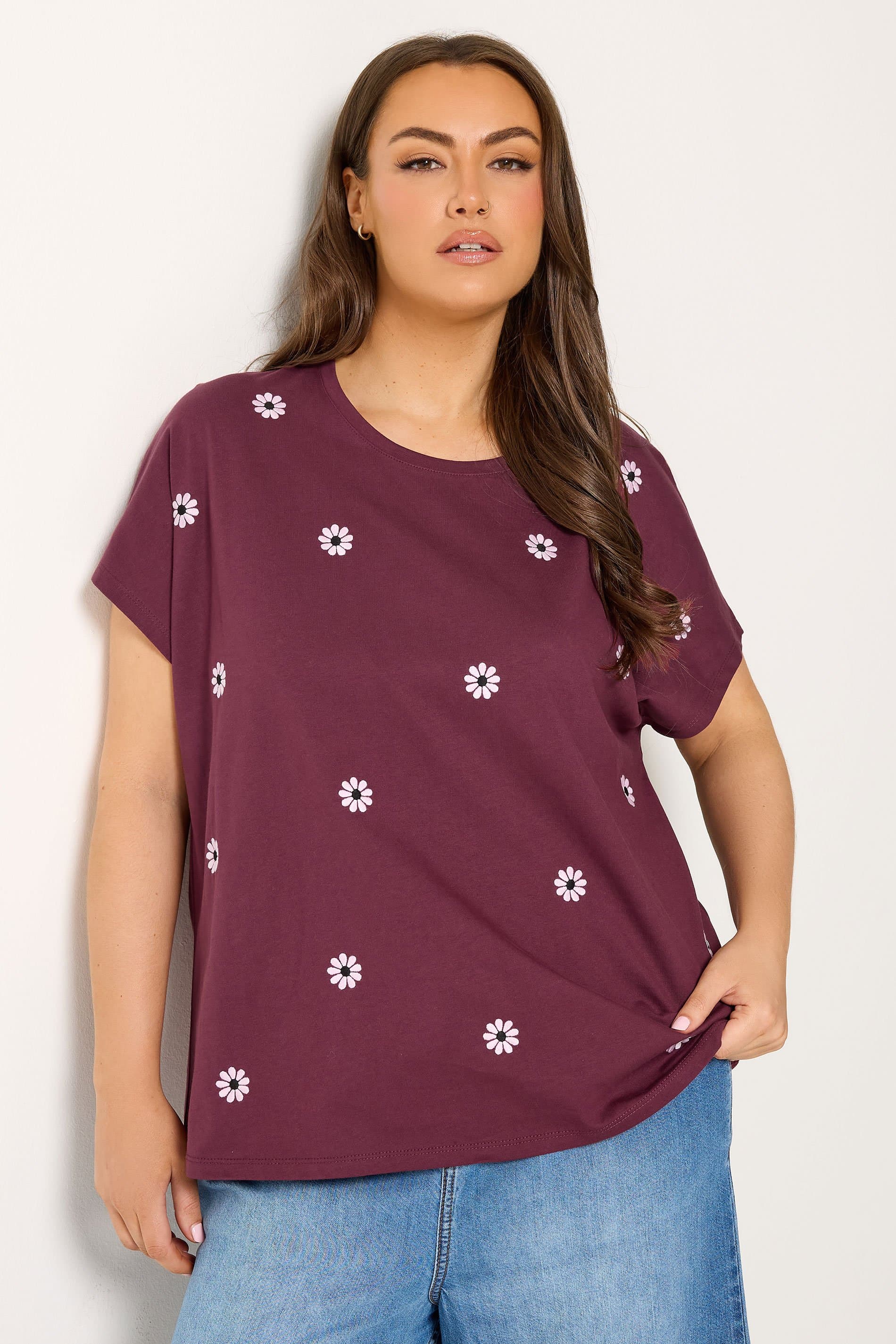Yours Plus Size Burgundy Red Embroidered Daisy Tshirt