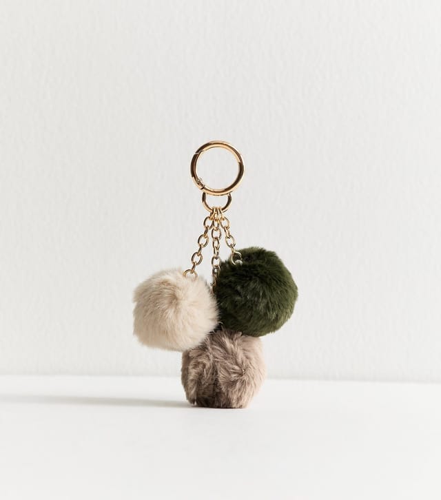New Look Dark Green Three Pom Fluffy Bag Charm New Look - 3