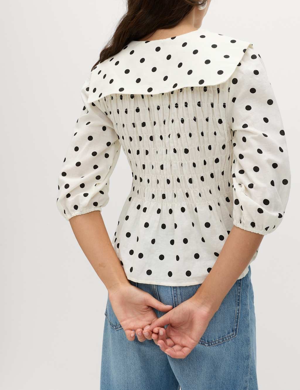 Marks & Spencer M&S Linen Rich Patterned Shirred Blouse Ivory Mix - 4