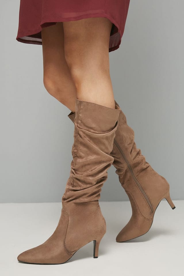 Wallis Wallis Women's Hista Ruched Mid Heel Pointed Knee Boots in Taupe - 3