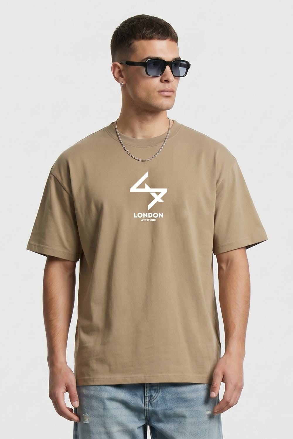 LONDON ATTITUDE LONDON ATTITUDE Men's Japanese inspired Oversized Heavyweight Cotton T-Shirt in Light Sand - 1
