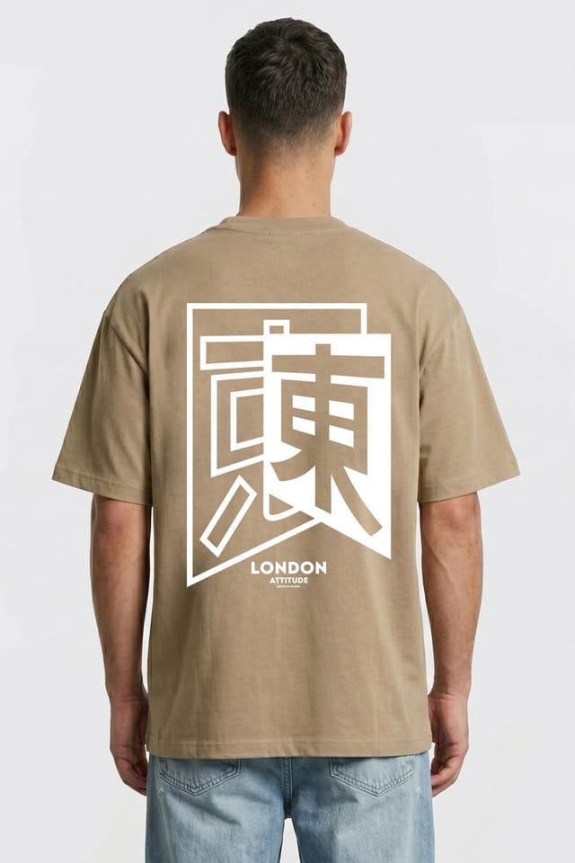 LONDON ATTITUDE LONDON ATTITUDE Men's Japanese inspired Oversized Heavyweight Cotton T-Shirt in Light Sand - 2