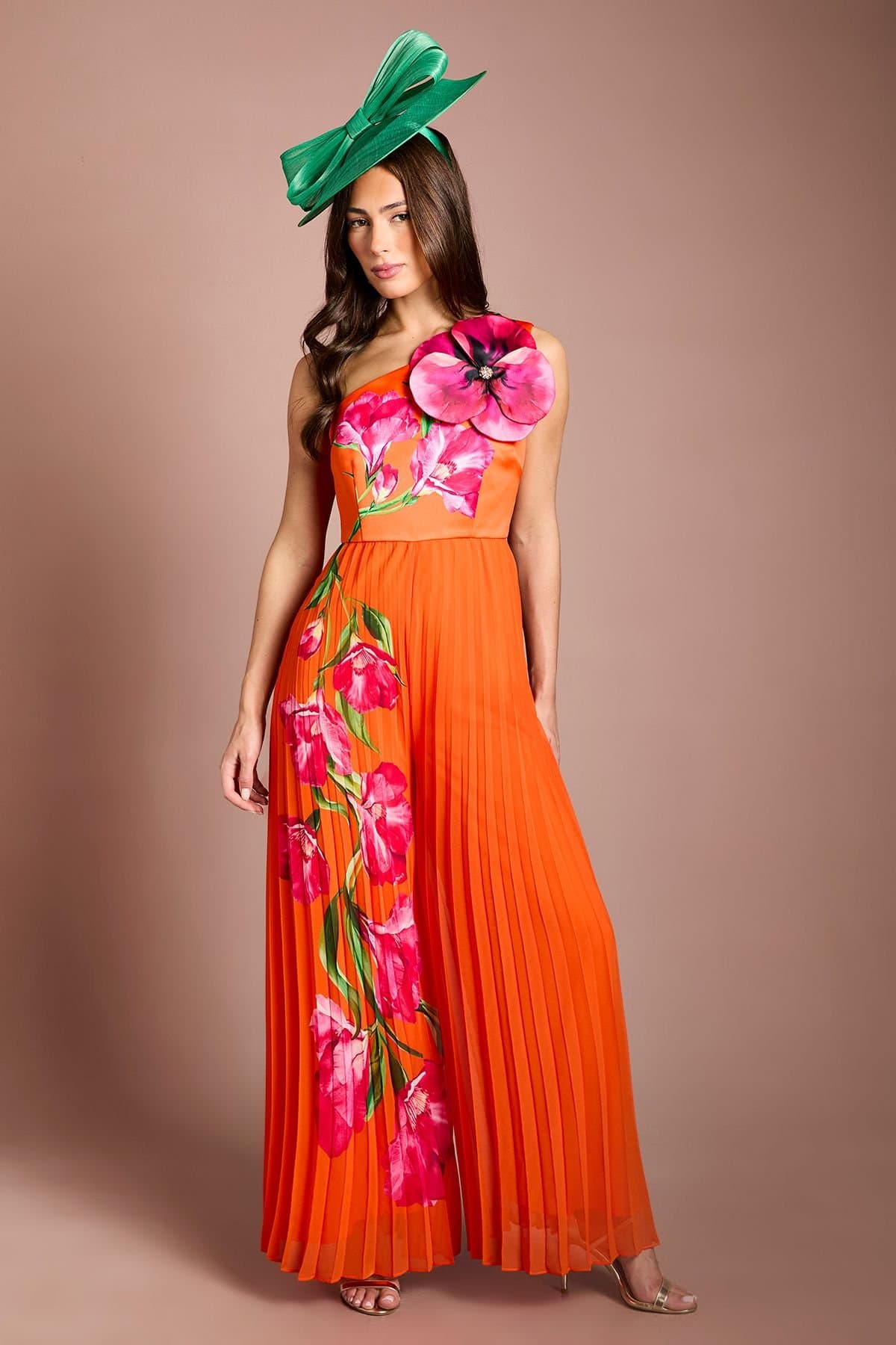 Coast Coast Women's One Shoulder Corsage Orange Pleated Jumpsuit