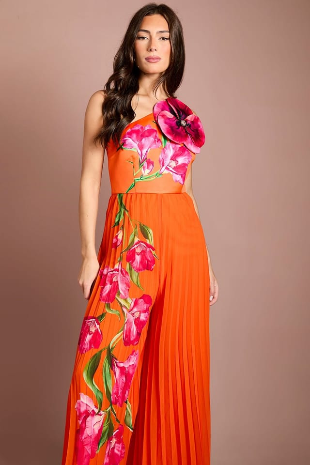 Coast Coast Women's One Shoulder Corsage Orange Pleated Jumpsuit - 2