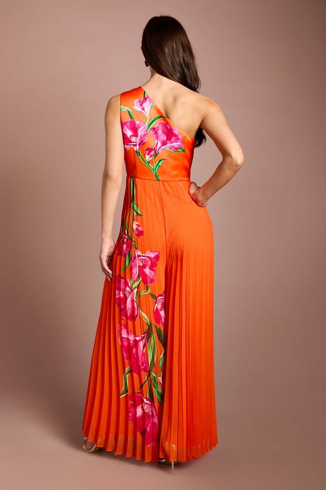 Coast Coast Women's One Shoulder Corsage Orange Pleated Jumpsuit - 3