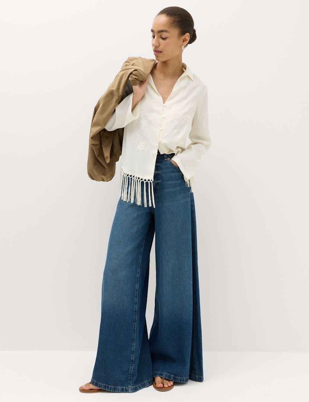 Marks & Spencer M&S Embroidered Collared Fringe Detail Shirt Ivory