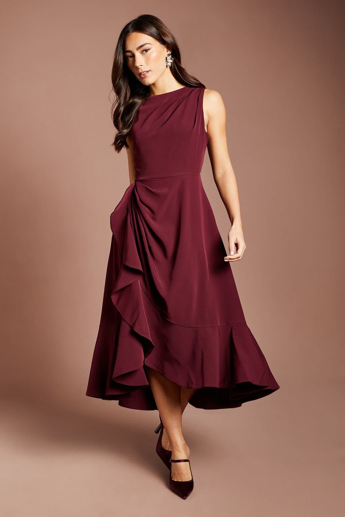 Coast Coast Women's Crepe Ruffle Midi Dress With Low Back in Wine