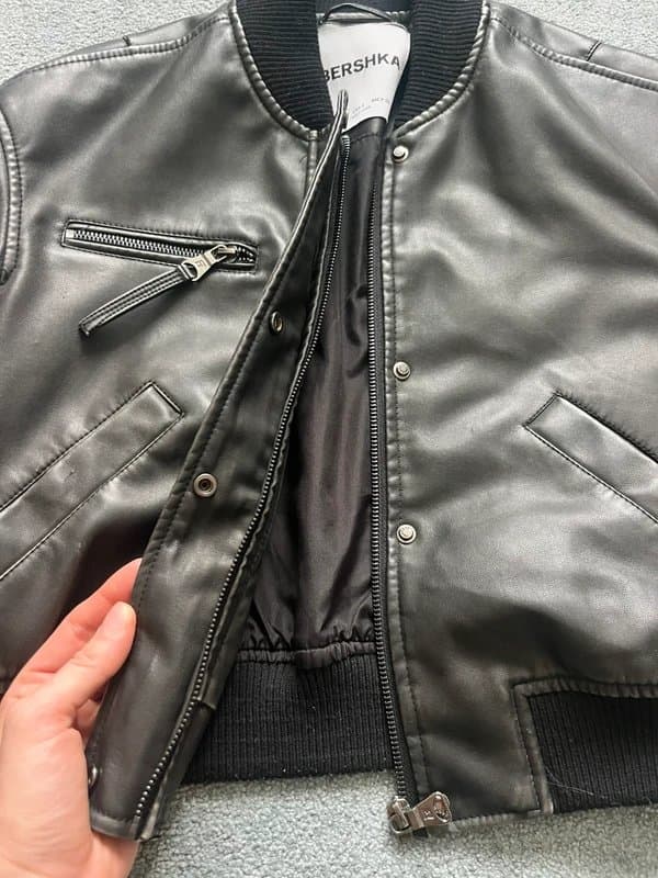 Bershka Bershka Black Faux Leather Cropped Bomber Jacket