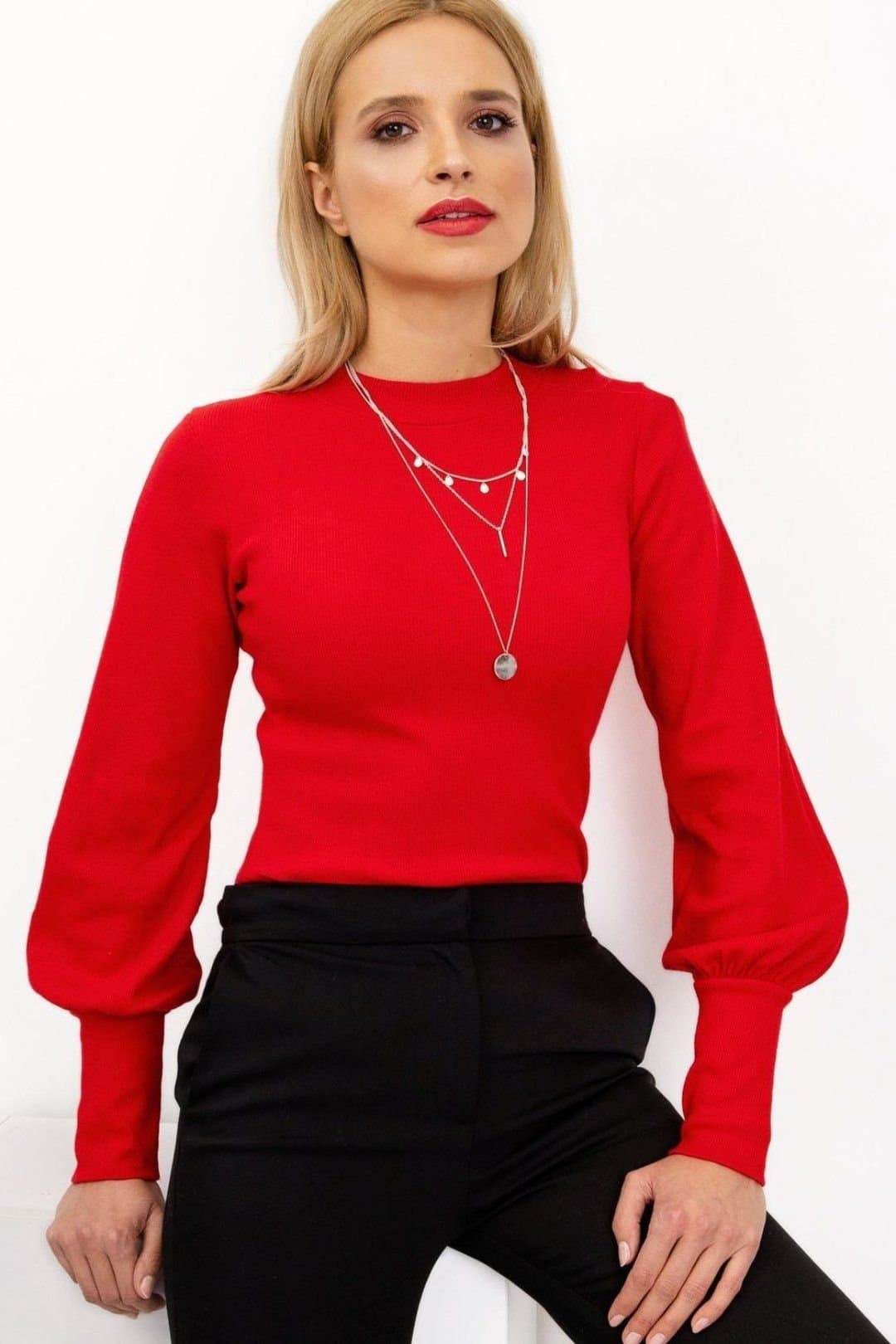 Love Lace Love Lace Women's Ribbed Long Sleeve Blouse with Wide Cuffs Style 168201 in Red