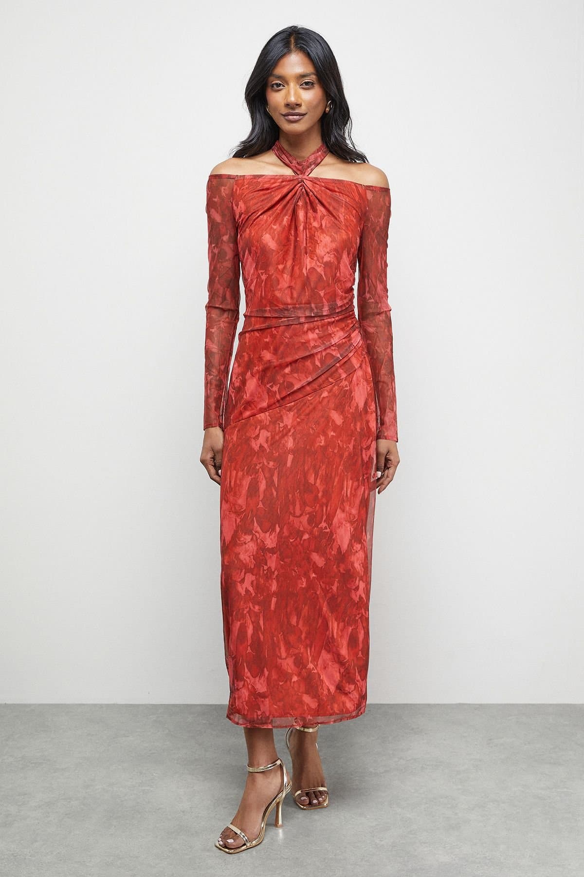 Warehouse Warehouse Women's Print Twist Mesh Midi Dress in Red
