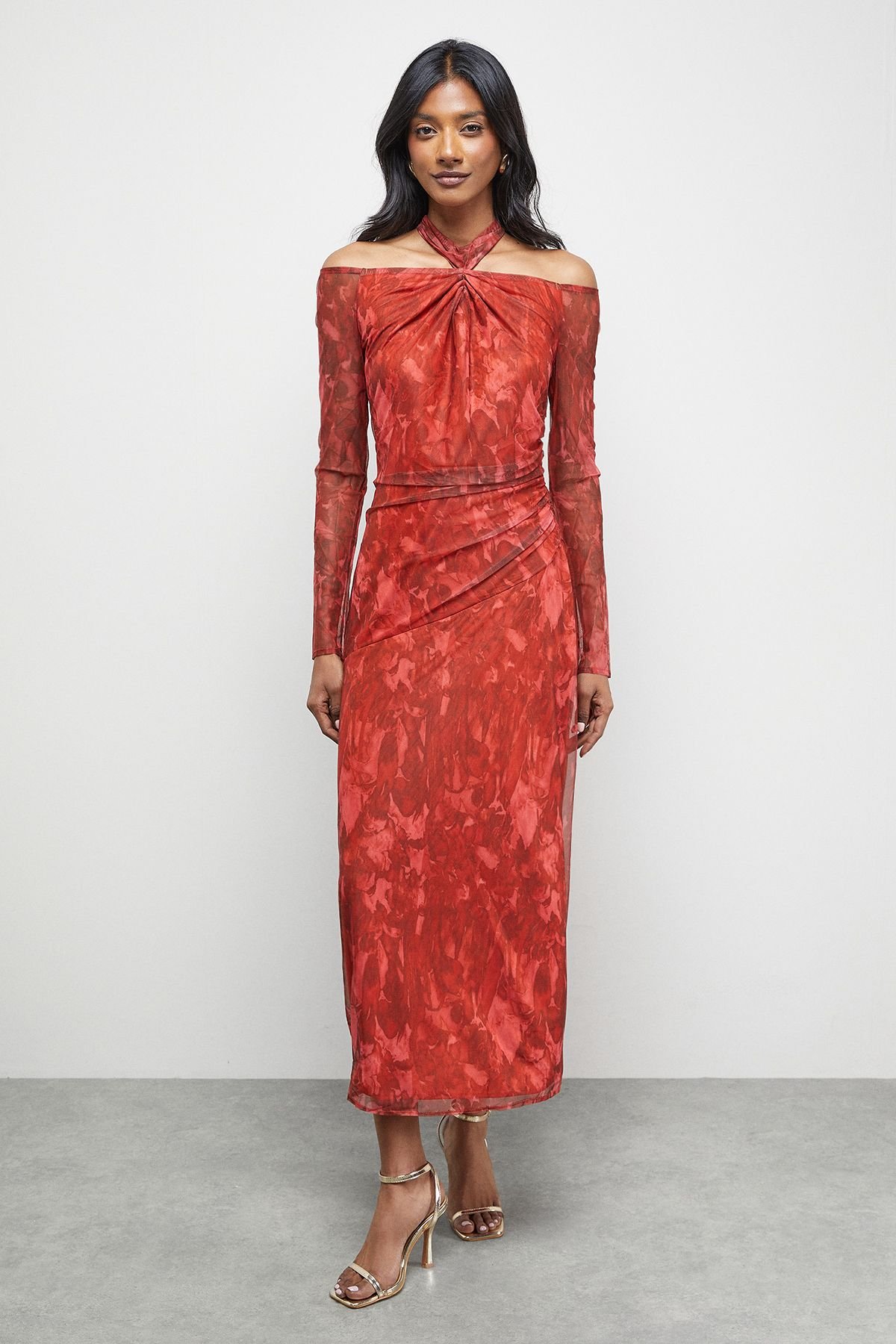 Warehouse Warehouse Women's Print Twist Mesh Midi Dress in Red - 2