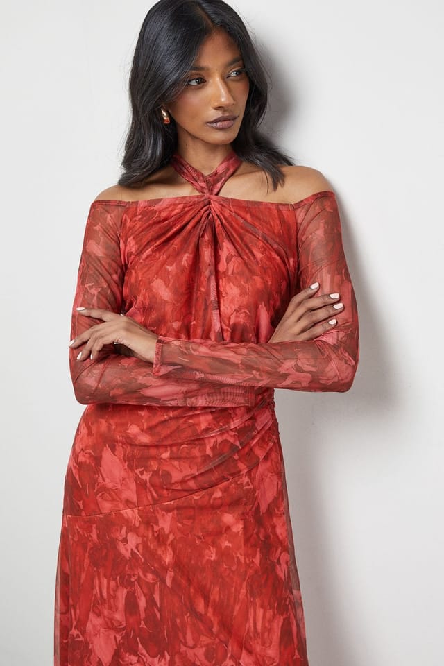 Warehouse Warehouse Women's Print Twist Mesh Midi Dress in Red - 2