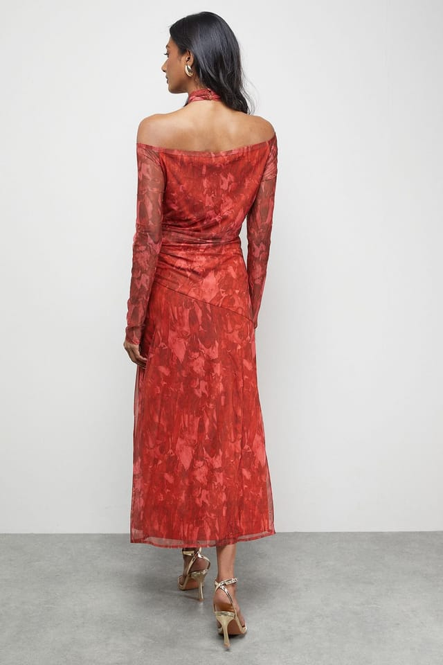 Warehouse Warehouse Women's Print Twist Mesh Midi Dress in Red - 3