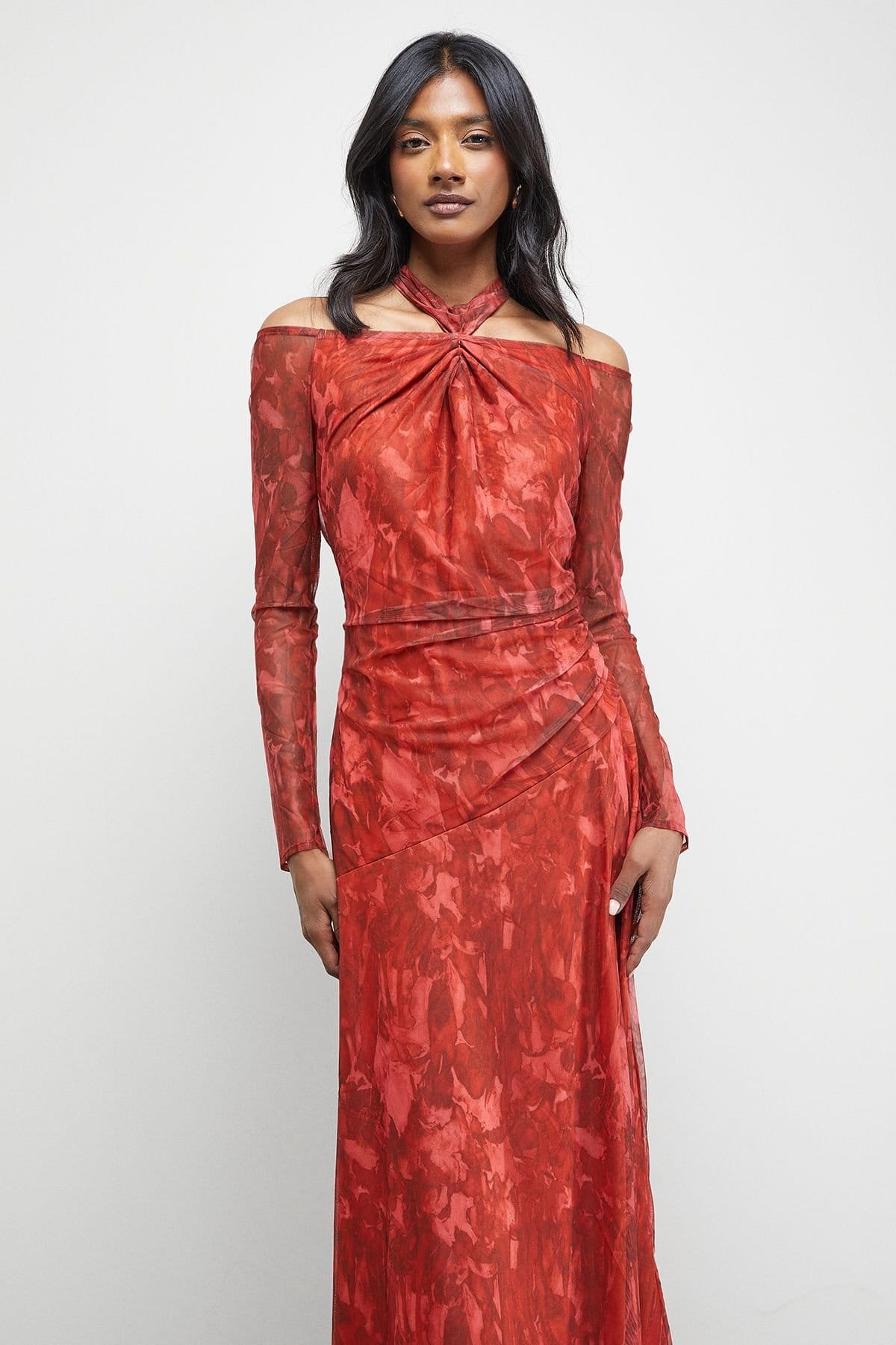 Warehouse Warehouse Women's Print Twist Mesh Midi Dress in Red - 4
