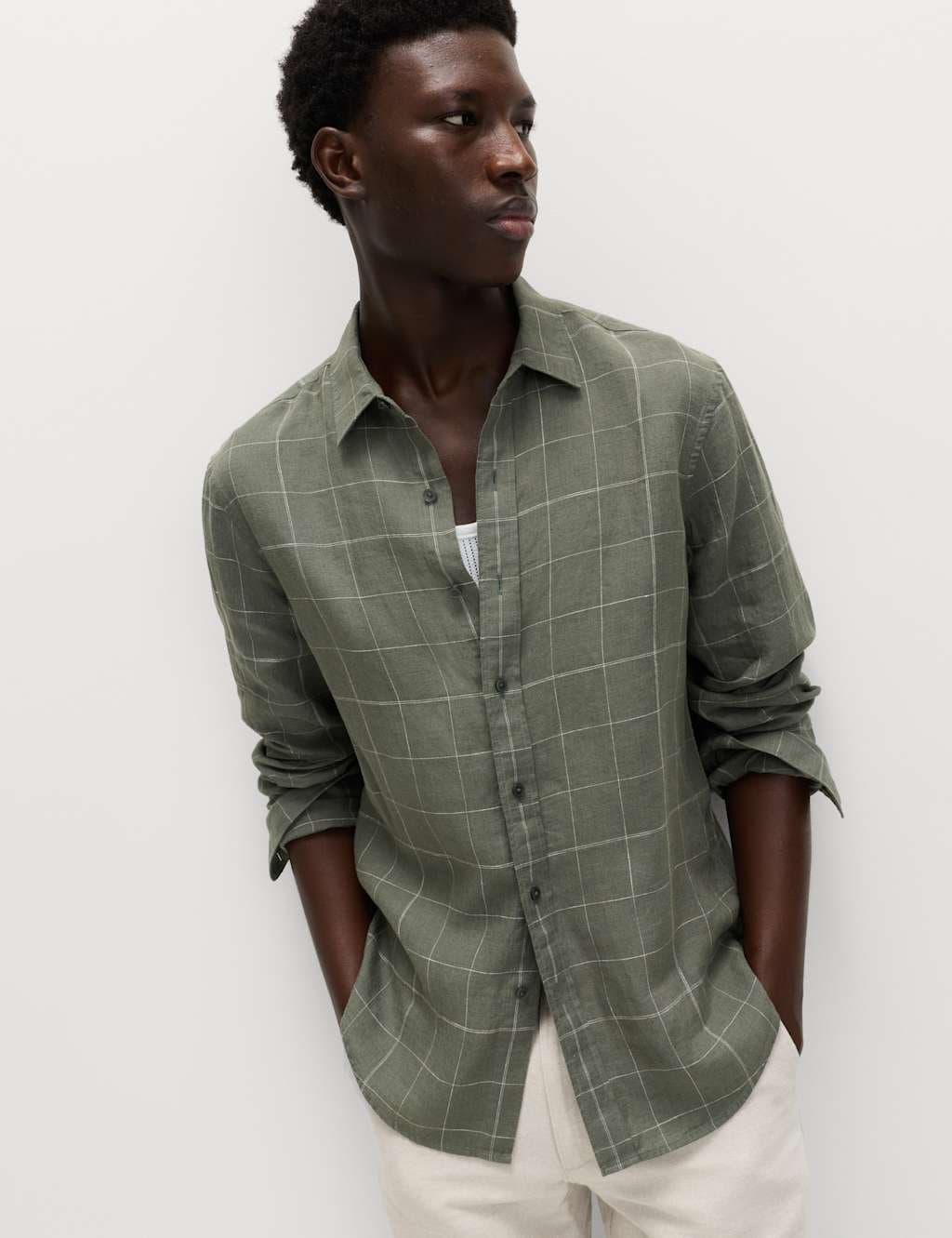 Marks & Spencer M&S Pure Linen Check Shirt Green Mix