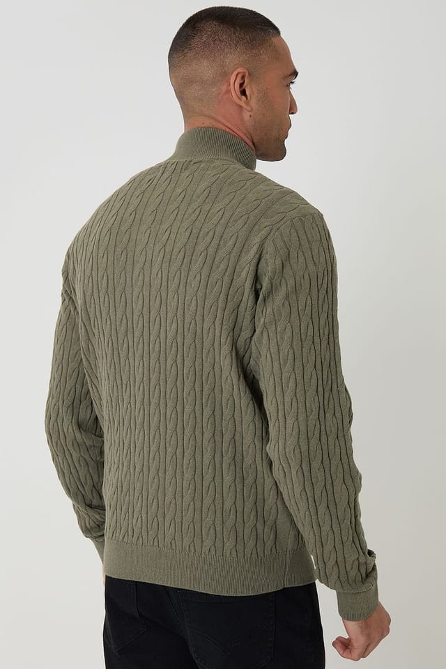 Threadbare Threadbare Men's Cable Knit Quarter Zip Jumper in Olive - 2