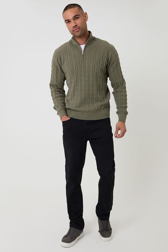 Threadbare Threadbare Men's Cable Knit Quarter Zip Jumper in Olive - 3