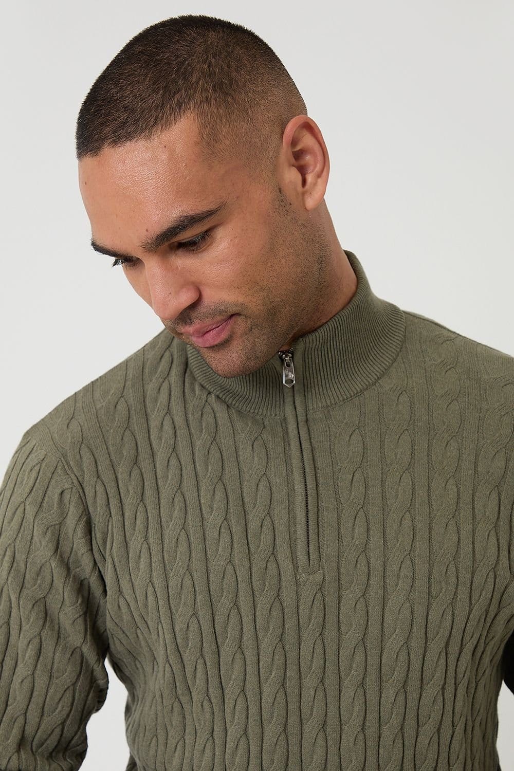 Threadbare Threadbare Men's Cable Knit Quarter Zip Jumper in Olive - 4