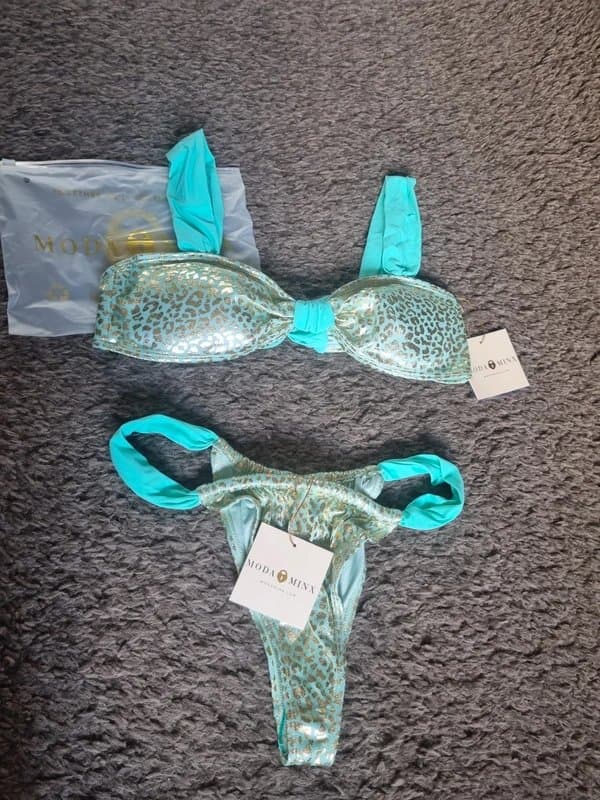 Moda Minx Moda Minx blue cheetah printed wide-strap bandeau ruched bikini set size L