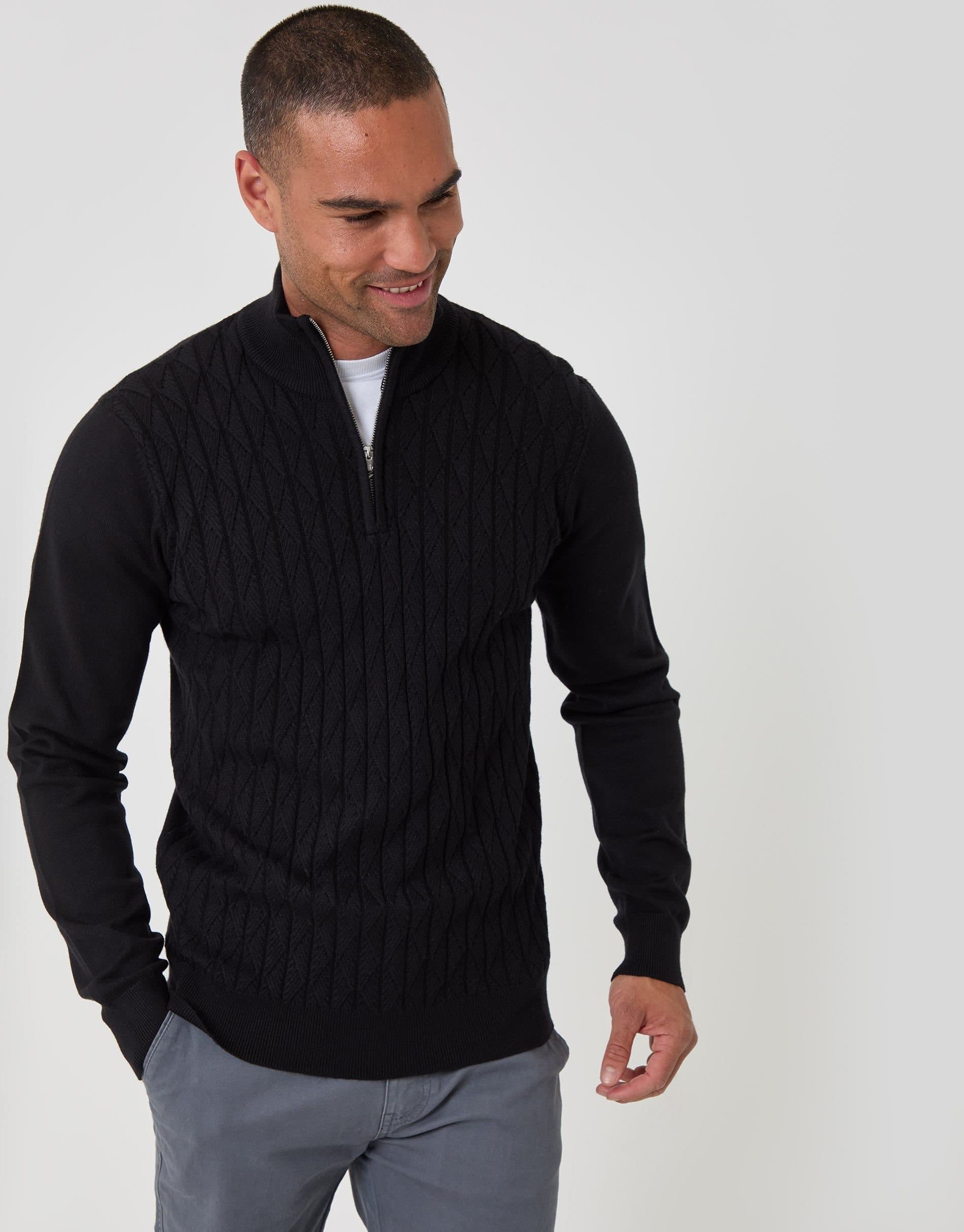 Threadbare threadbare Men's Diamond Cable Knit Quarter Zip Jumper in Black