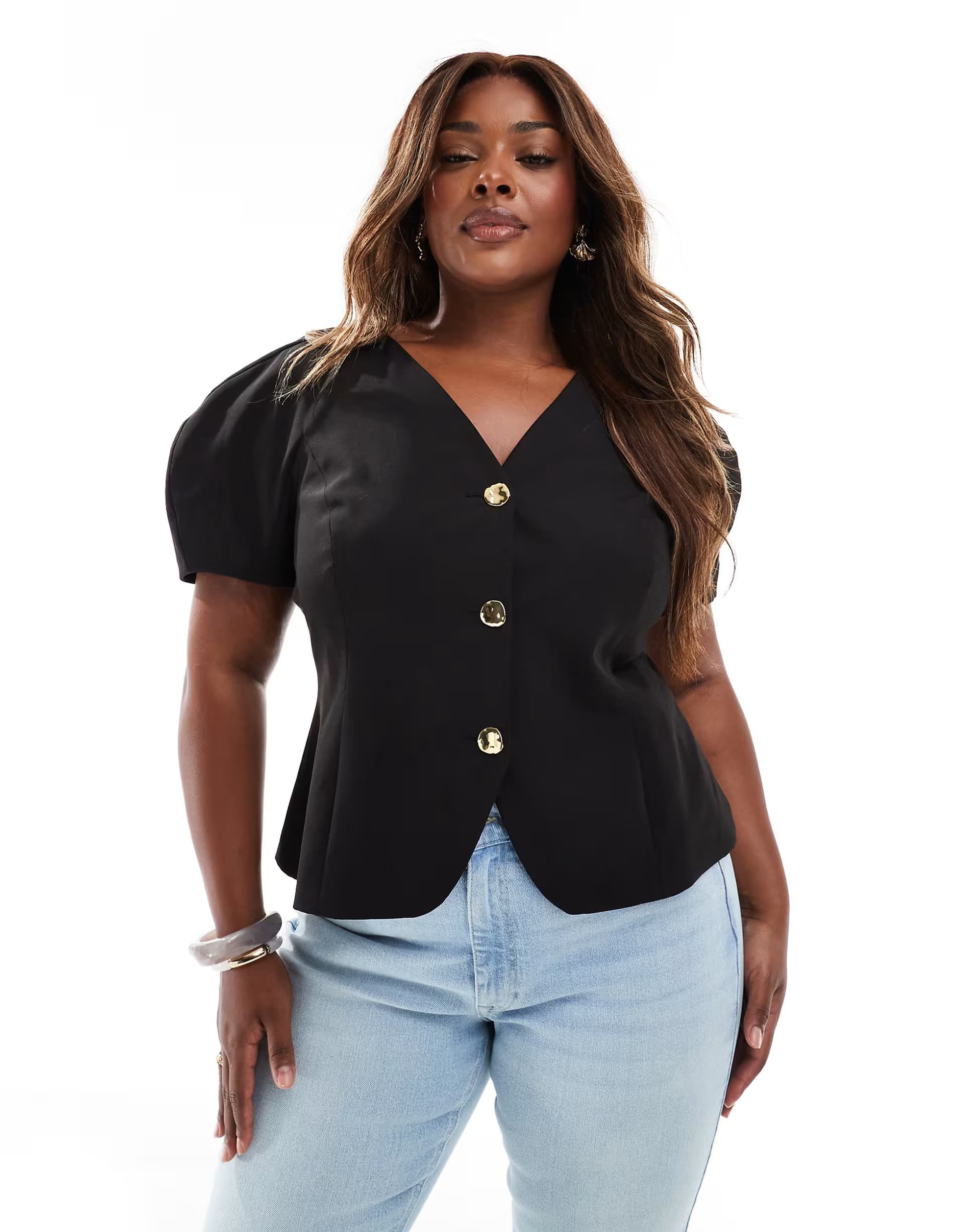 ASOS ASOS DESIGN Curve balloon short sleeve moulded hip blazer in black