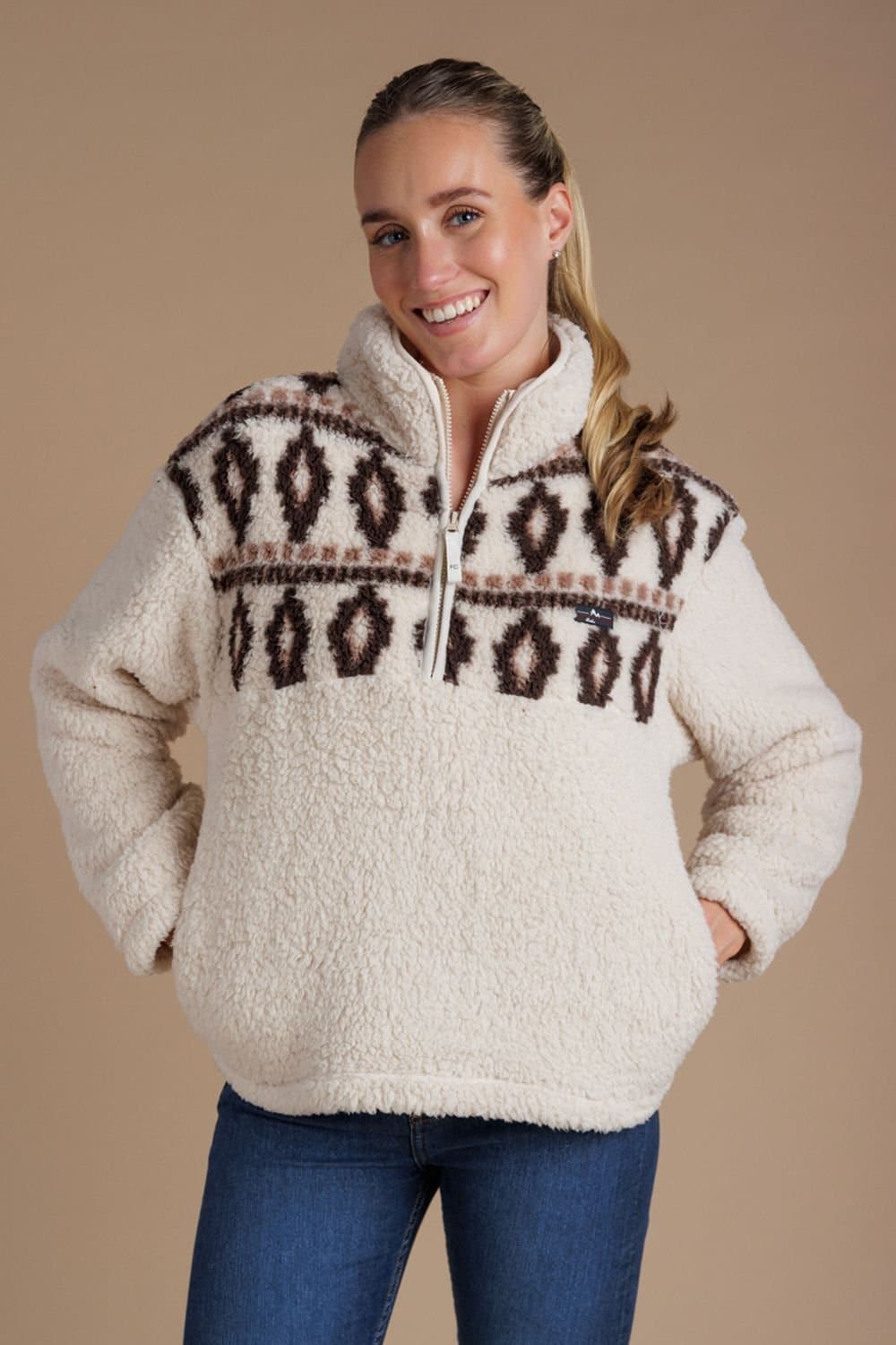 French Connection French Connection Women's Fairisle Borg High Neck 1/2 Zip Fleece Pullover in Beige