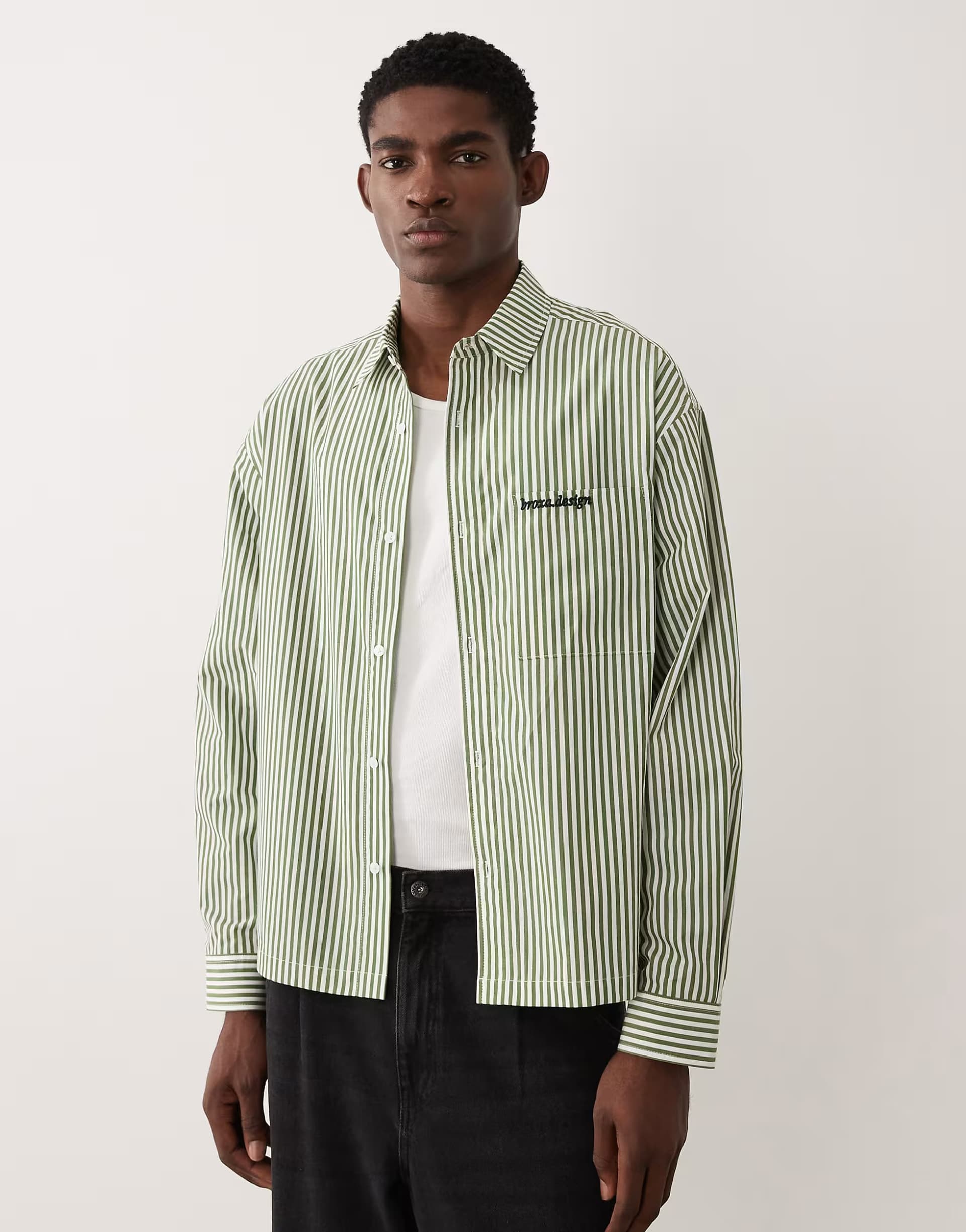ASOS ASOS DESIGN boxy oversized pinstripe shirt with pocket embroidery in green