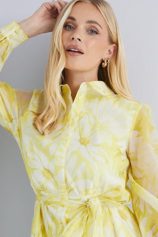 Wallis Wallis Women's Petite Floral Organza Shirt Midi Dress in Yellow - 2