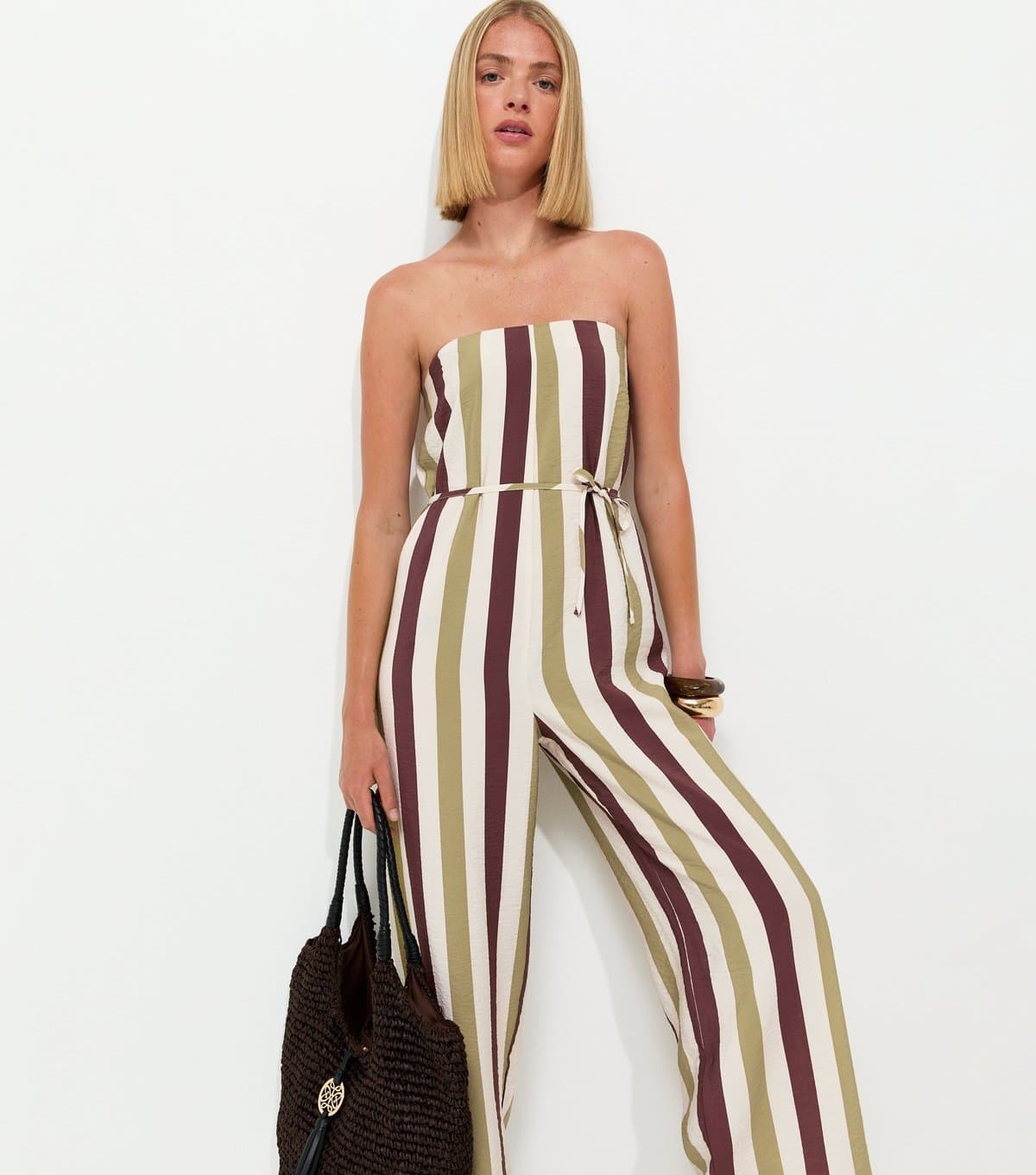 New Look Women's Cream Striped Bandeau Wide Leg Jumpsuit New Look
