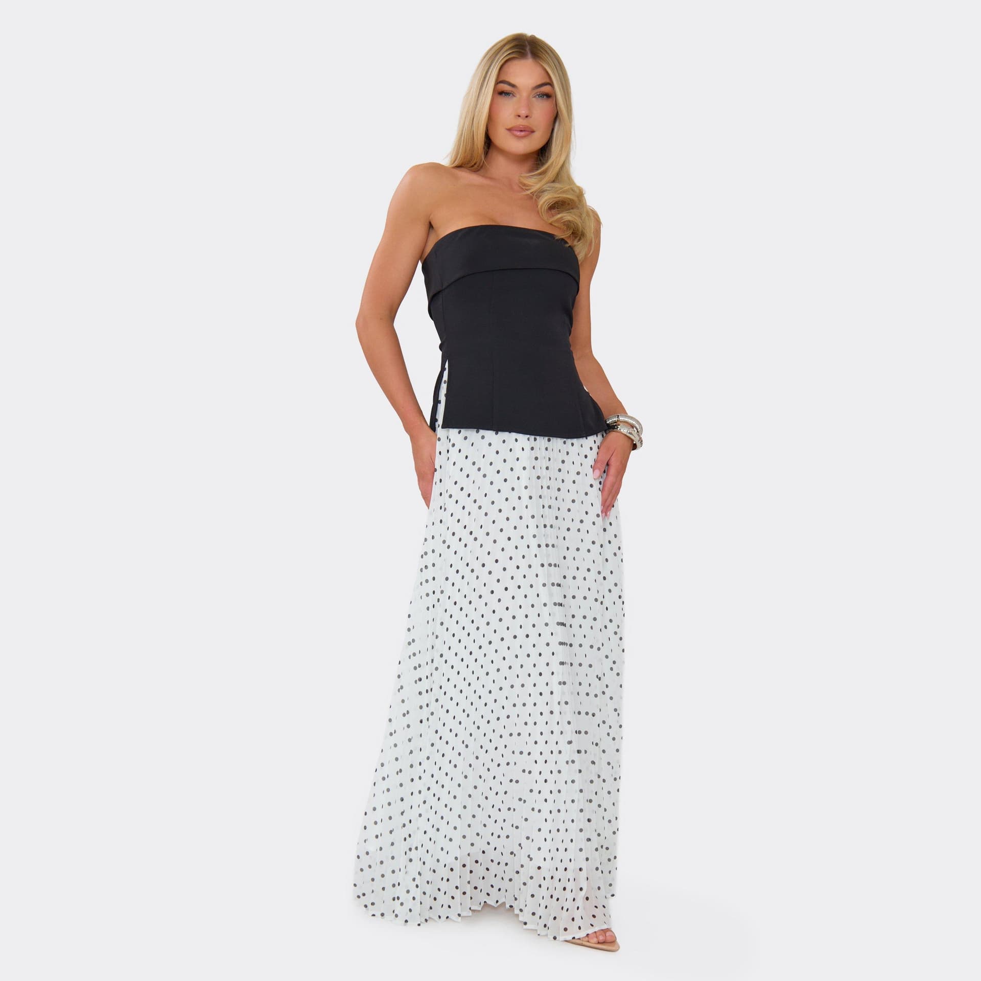 EGO Longline Bandeau Pleated Contrast Polka Dot Print Maxi Dress In Black, Women's Size UK 6