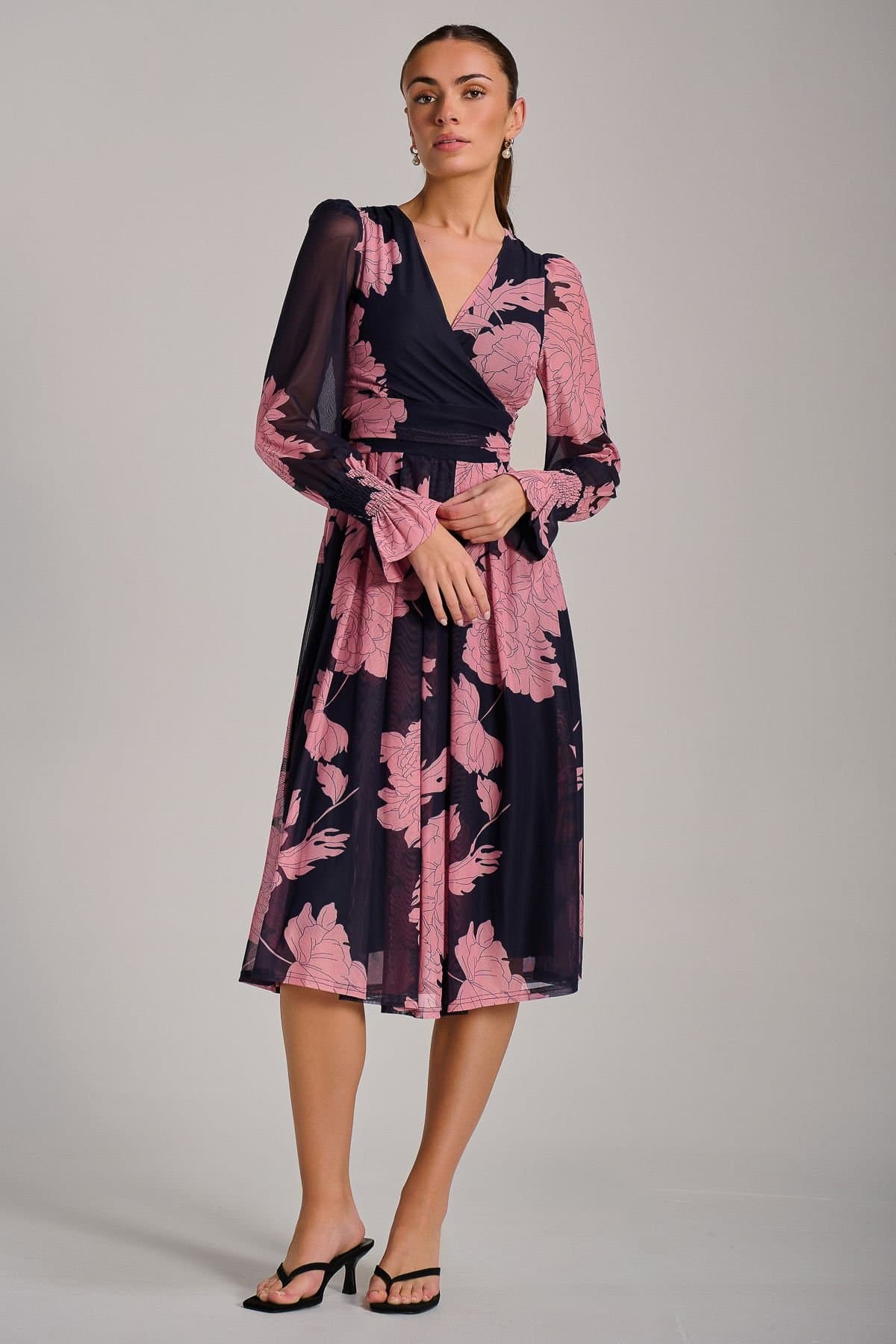 Jolie Moi Jolie Moi Women's Long Sleeve Printed Mesh Midi Dress in Dark Navy