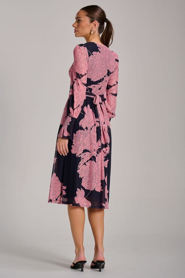 Jolie Moi Jolie Moi Women's Long Sleeve Printed Mesh Midi Dress in Dark Navy - 2