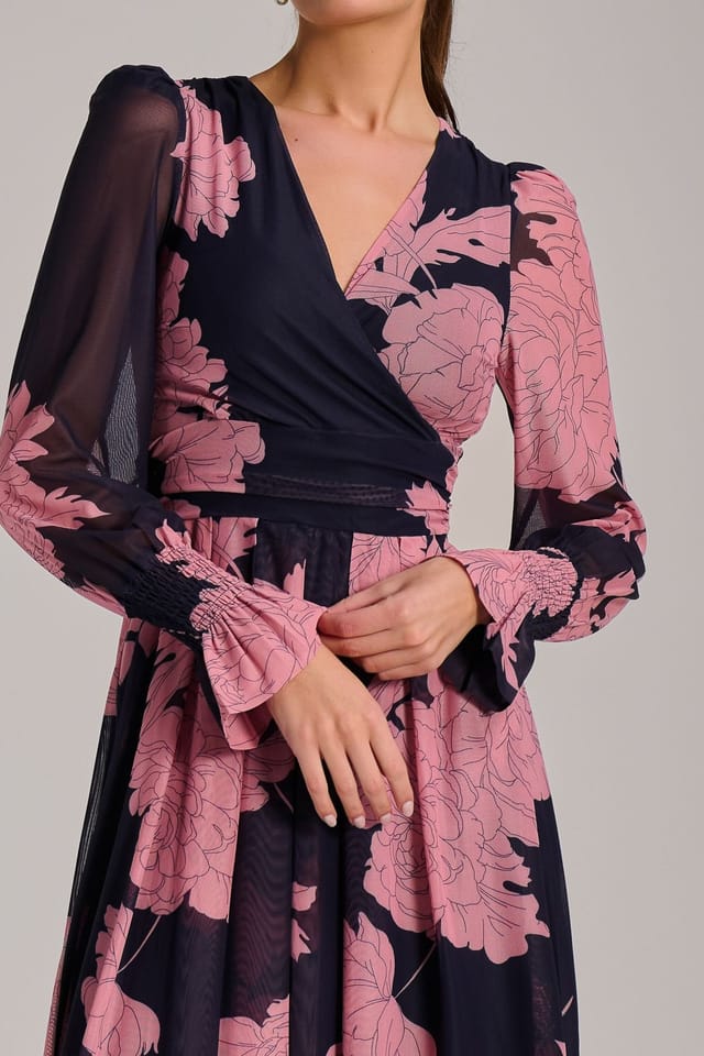 Jolie Moi Jolie Moi Women's Long Sleeve Printed Mesh Midi Dress in Dark Navy - 3