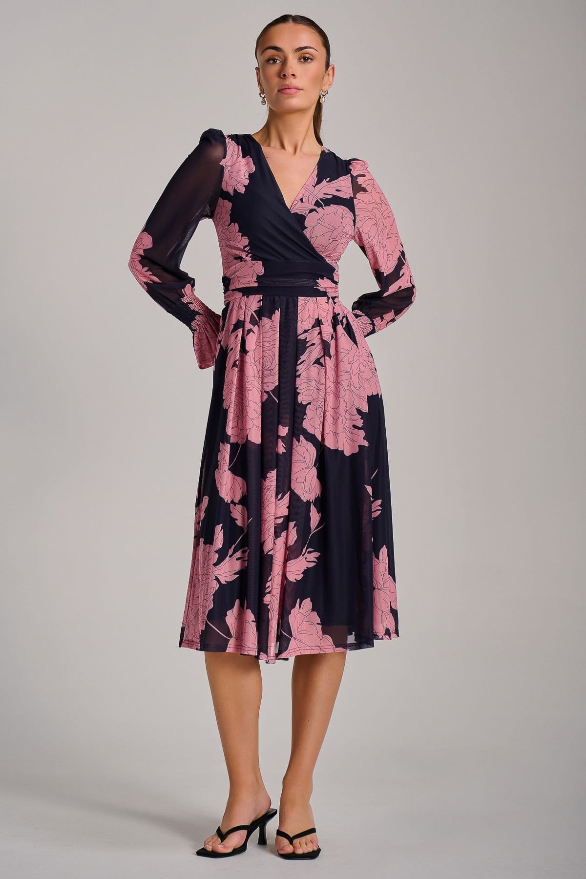 Jolie Moi Jolie Moi Women's Long Sleeve Printed Mesh Midi Dress in Dark Navy - 4