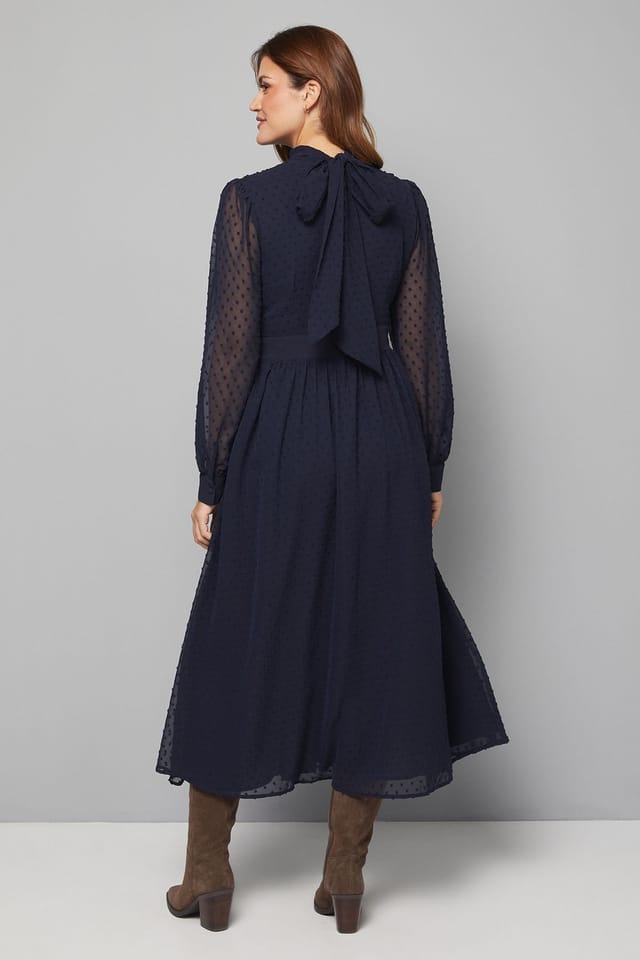 Wallis Wallis Women's Dobby Tie Neck Detail Midaxi Dress in Navy - 3