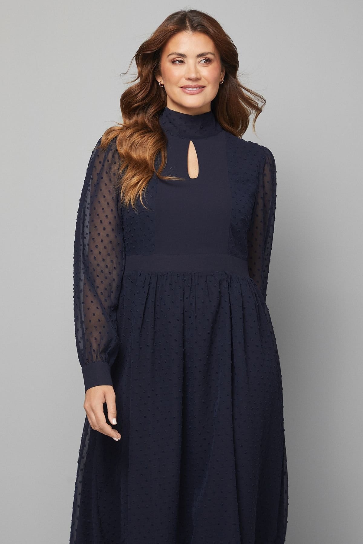 Wallis Wallis Women's Dobby Tie Neck Detail Midaxi Dress in Navy - 4