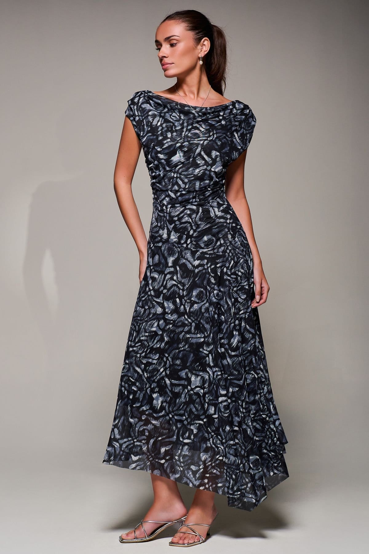 Jolie Moi Black Mesh Asymmetrical Draped Maxi Dress