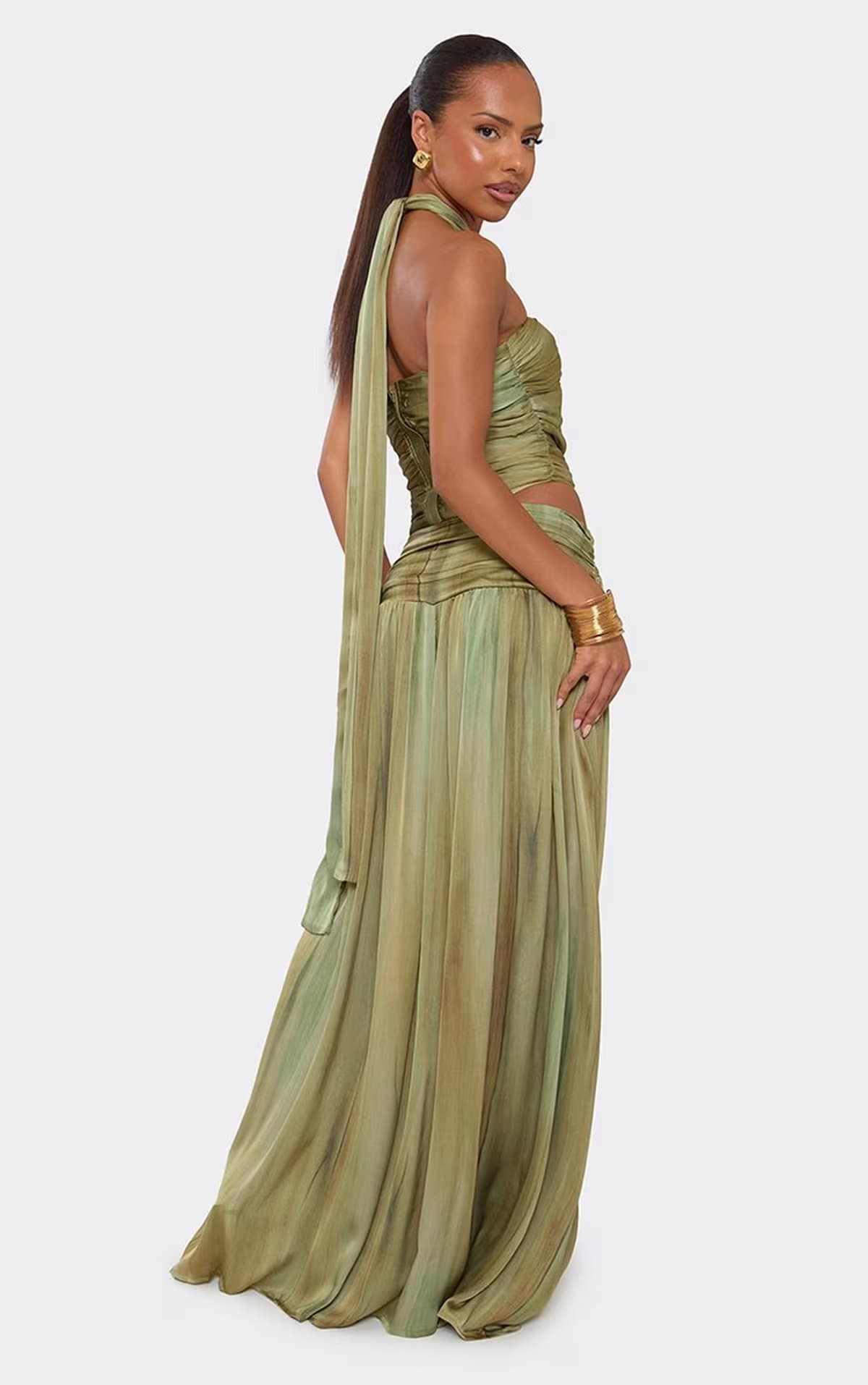EGO Drop Waist Maxi Skirt In Green Ombre Abstract Print, Women's Size UK 6