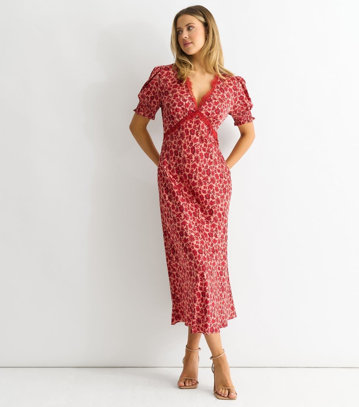 Gini London Women's Red Floral Print Lace Trim Midi Dress Gini London New Look