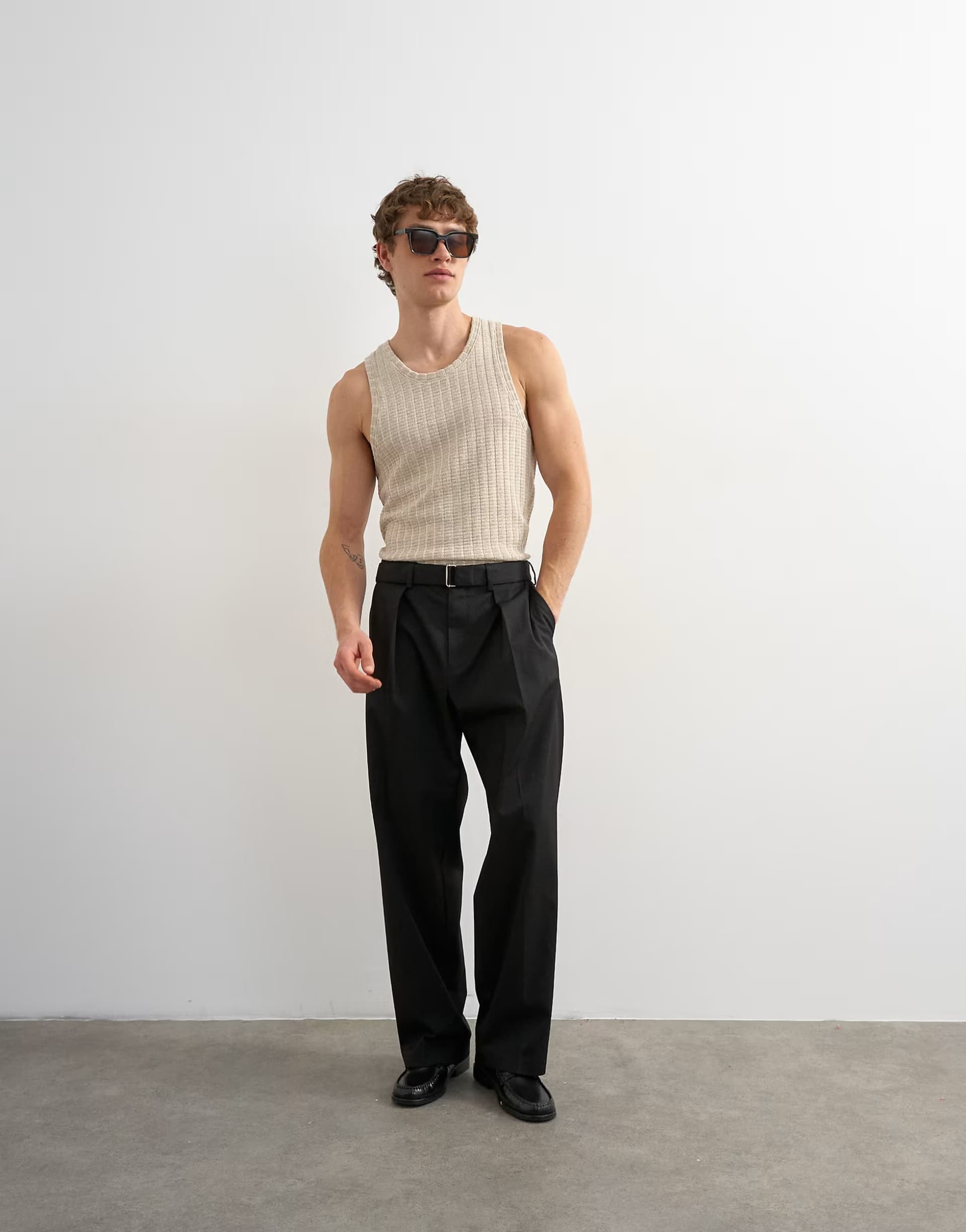ASOS Topman wide leg belted twill trouser in black