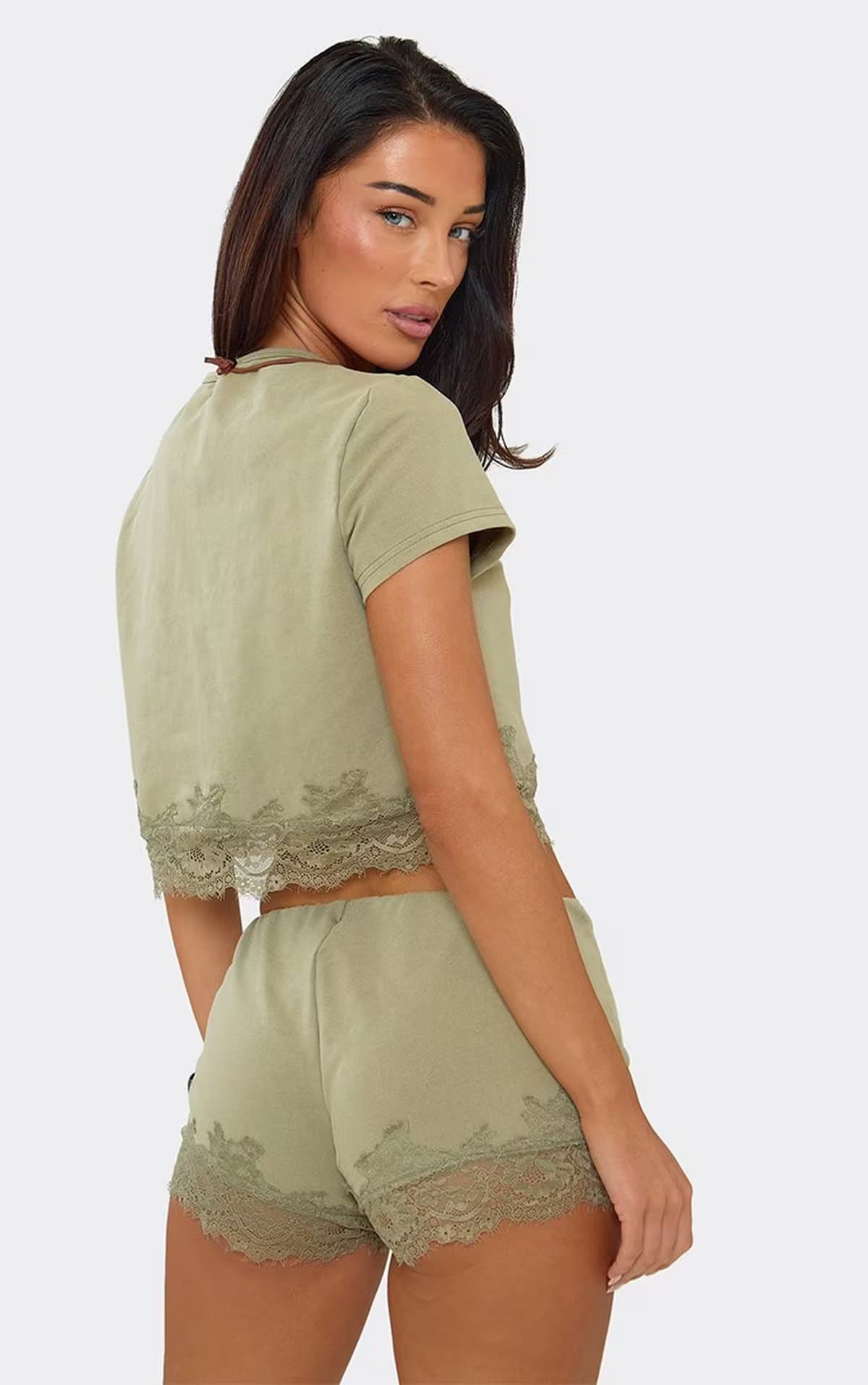 EGO EGO Khaki Lace Trop Crop Top In Short Sleeve, Women's Size UK 10