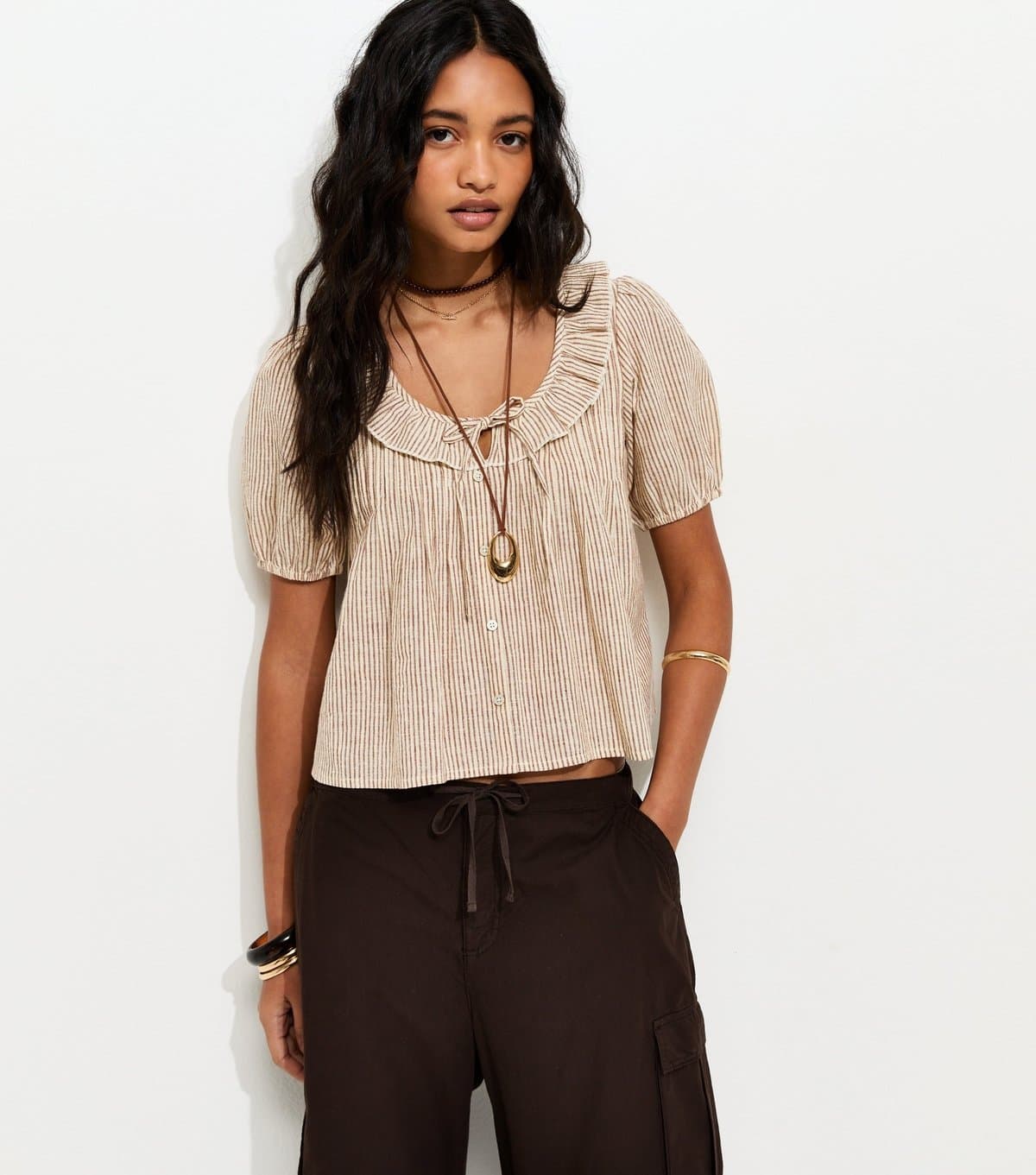 New Look Women's Brown Striped Frill Neckline Blouse New Look