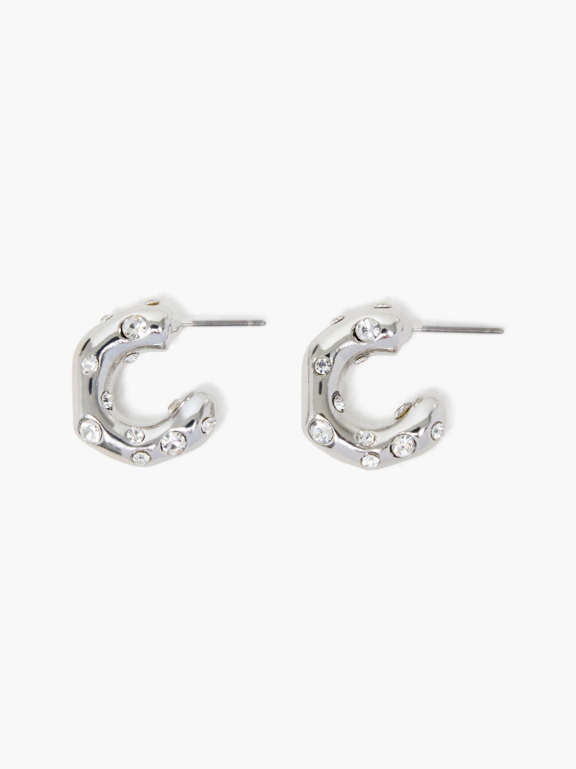 French Connection Small Crystal Hammered Half Hoop Earrings Rhodium Silver