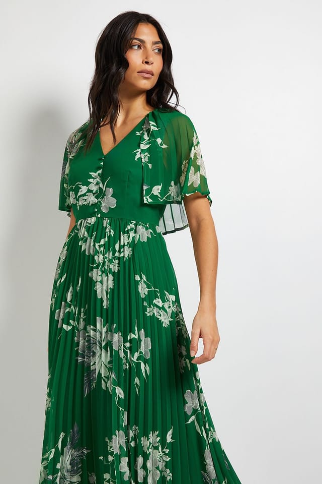 Wallis Wallis Women's Pleated Cape Sleeve Midi Dress in Green - 2
