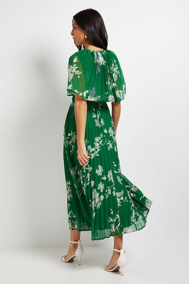 Wallis Wallis Women's Pleated Cape Sleeve Midi Dress in Green - 3