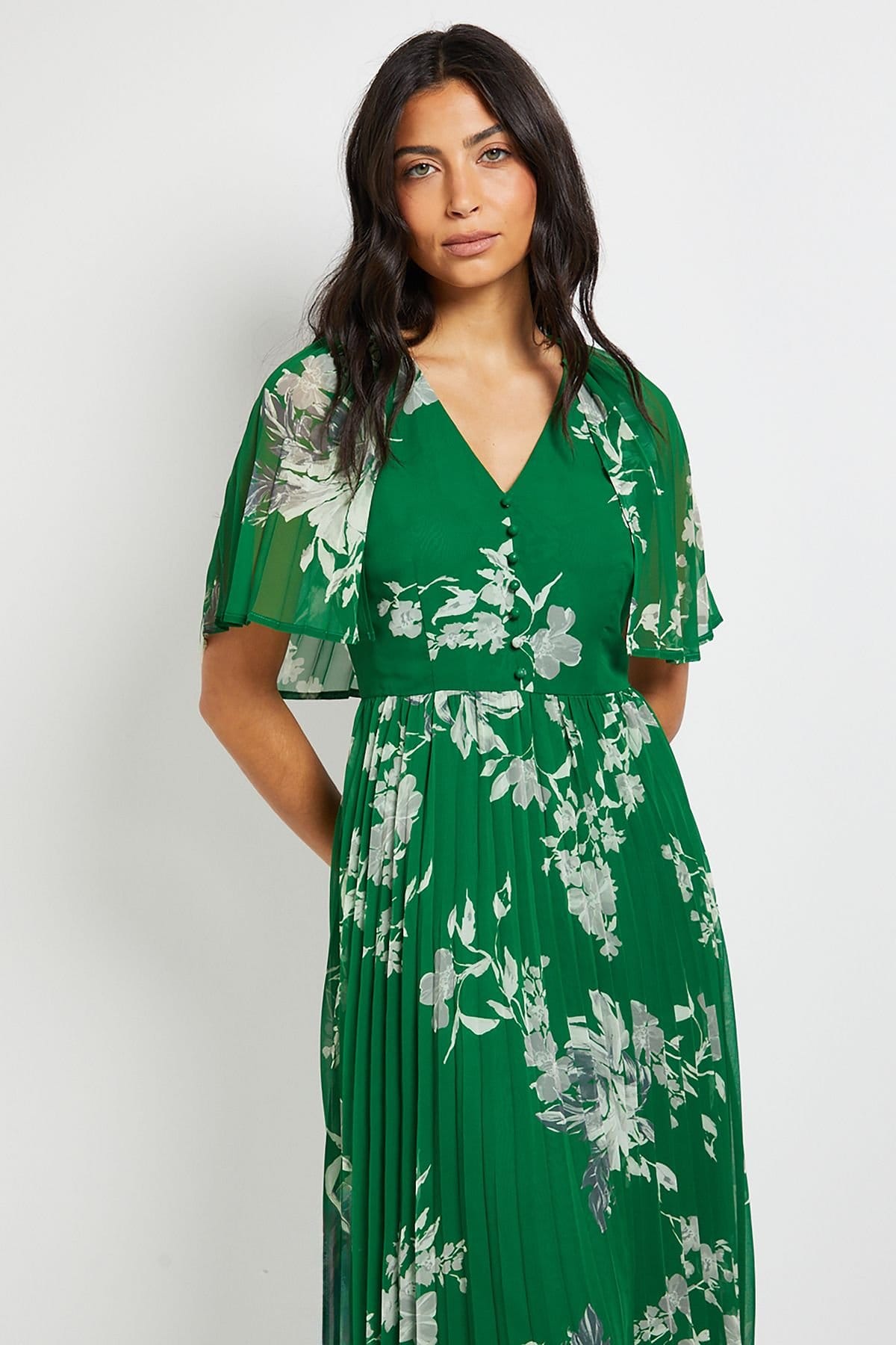 Wallis Wallis Women's Pleated Cape Sleeve Midi Dress in Green - 4
