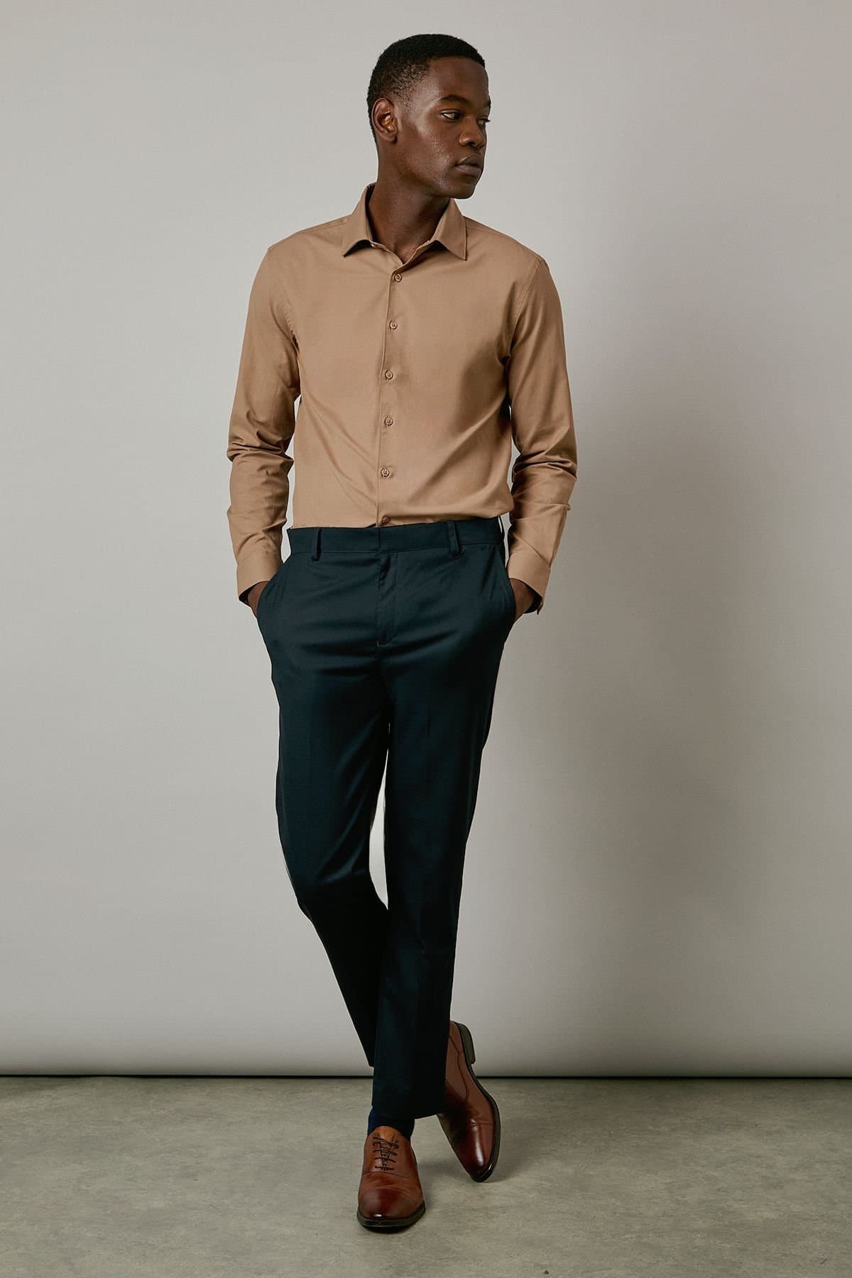 Burton Burton Tan Easy Iron Slim Fit Long Sleeve Shirt